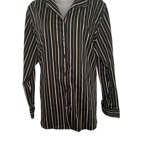 Foxcroft NYC 16W Black Tan Striped Non-Iron Stretch Button Down Blouse - Picture 3 of 7